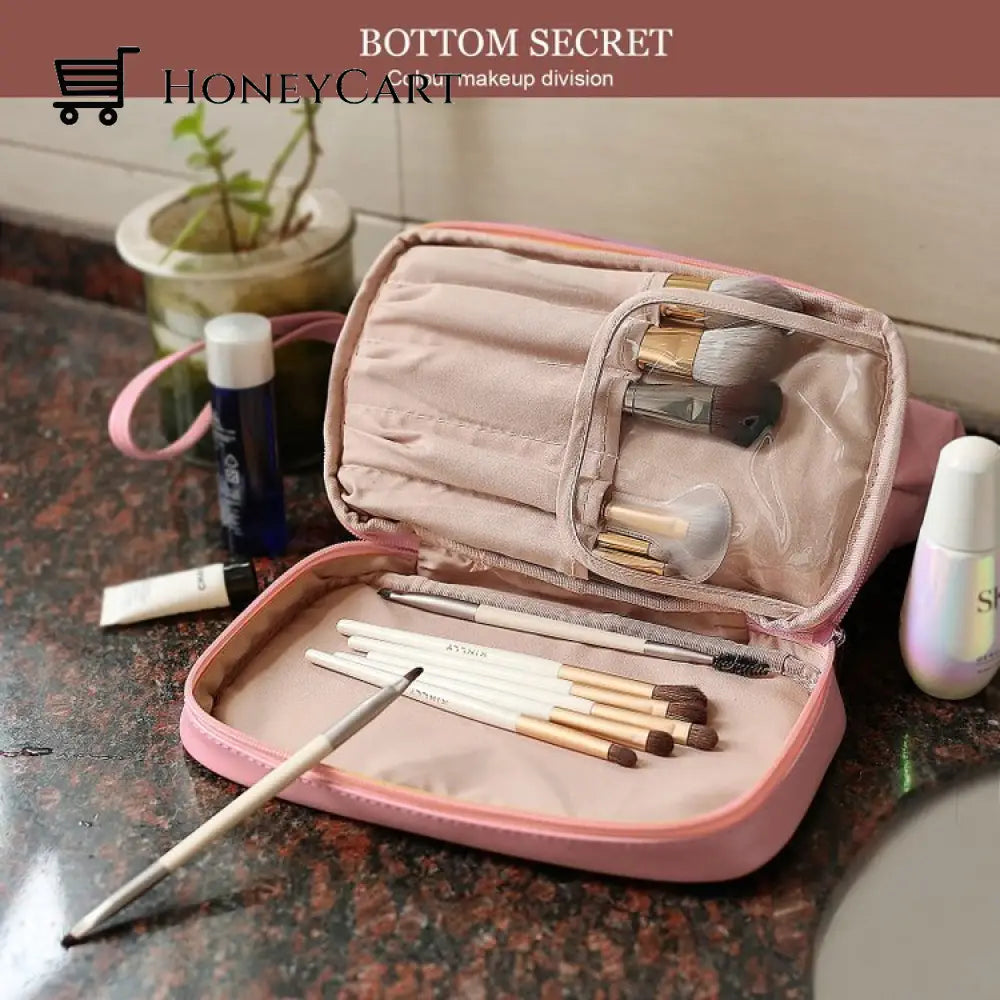 Leather Cosmetic Bag With Handle And Divider