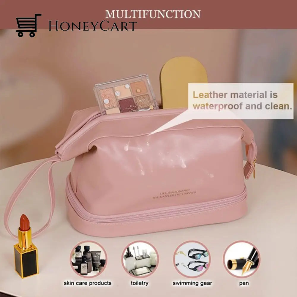 Leather Cosmetic Bag With Handle And Divider