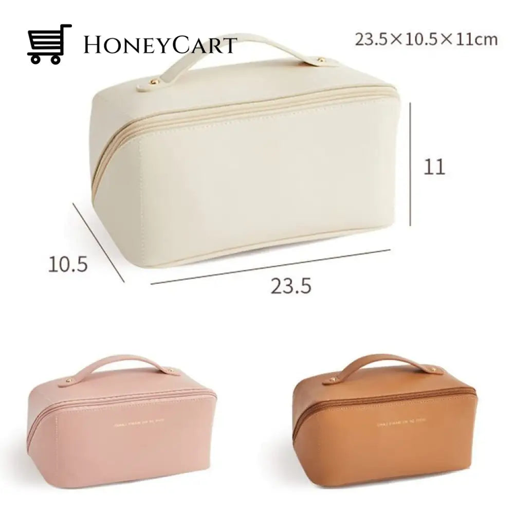 Leather Cosmetic Bag With Handle And Divider