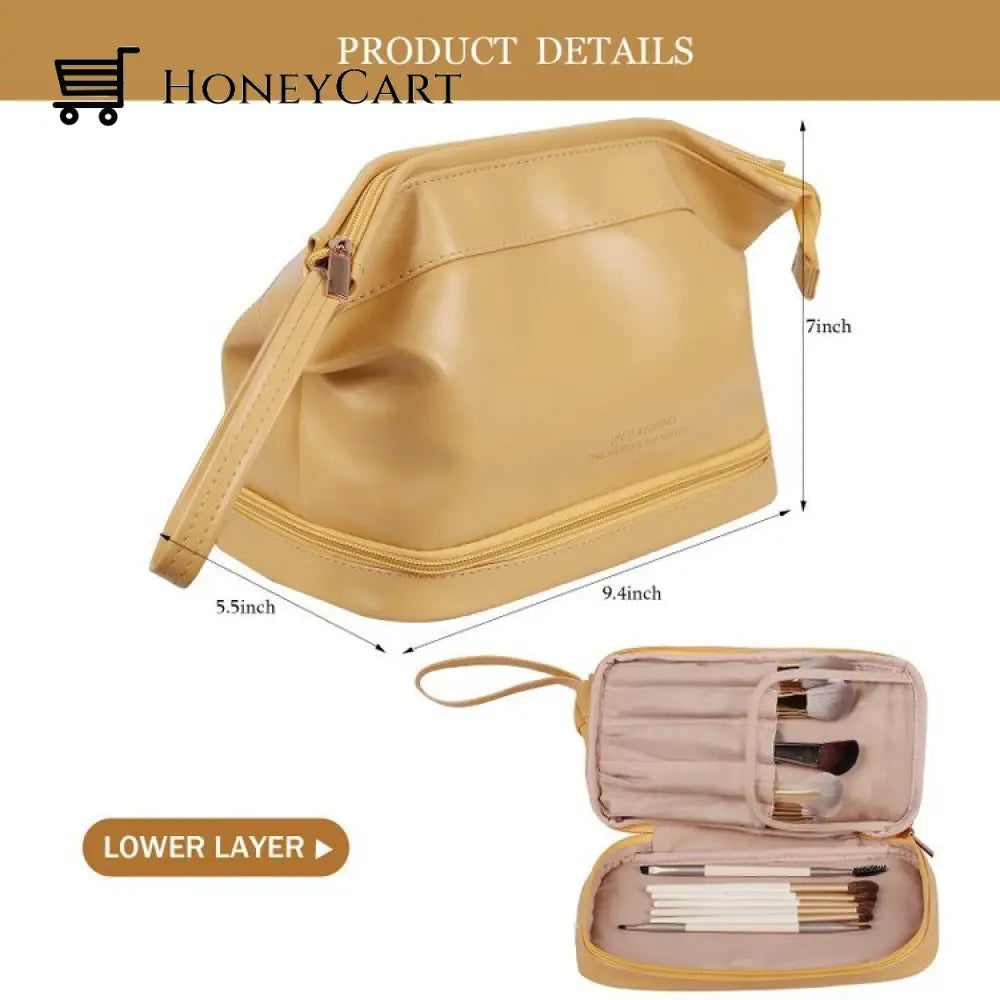 Leather Cosmetic Bag With Handle And Divider Double Layer / Brown