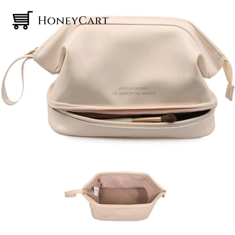 Leather Cosmetic Bag With Handle And Divider Double Layer / White