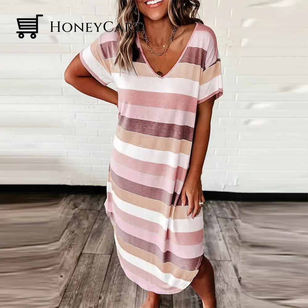 Loose Striped V-Neck Short Sleeve Maxi Dress Red / S Dresses
