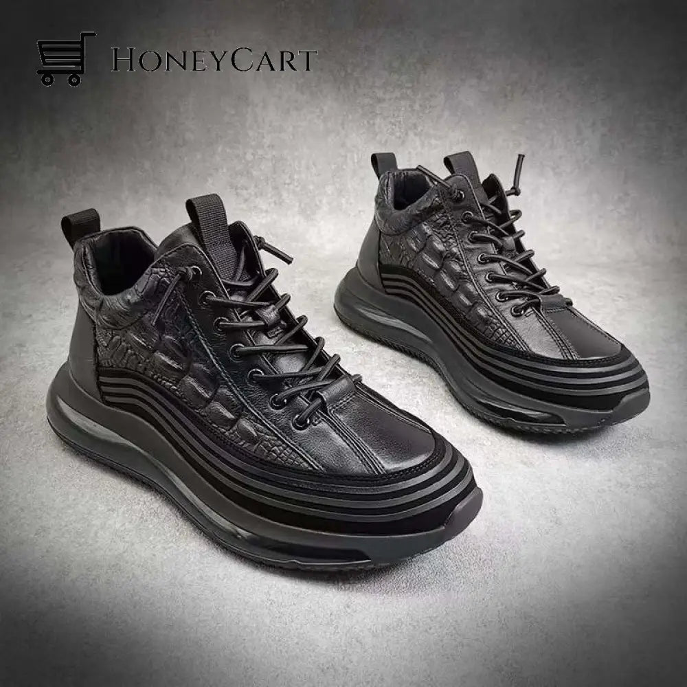 Mens Casual Cowhide Air Cushion Shoes Black / 38