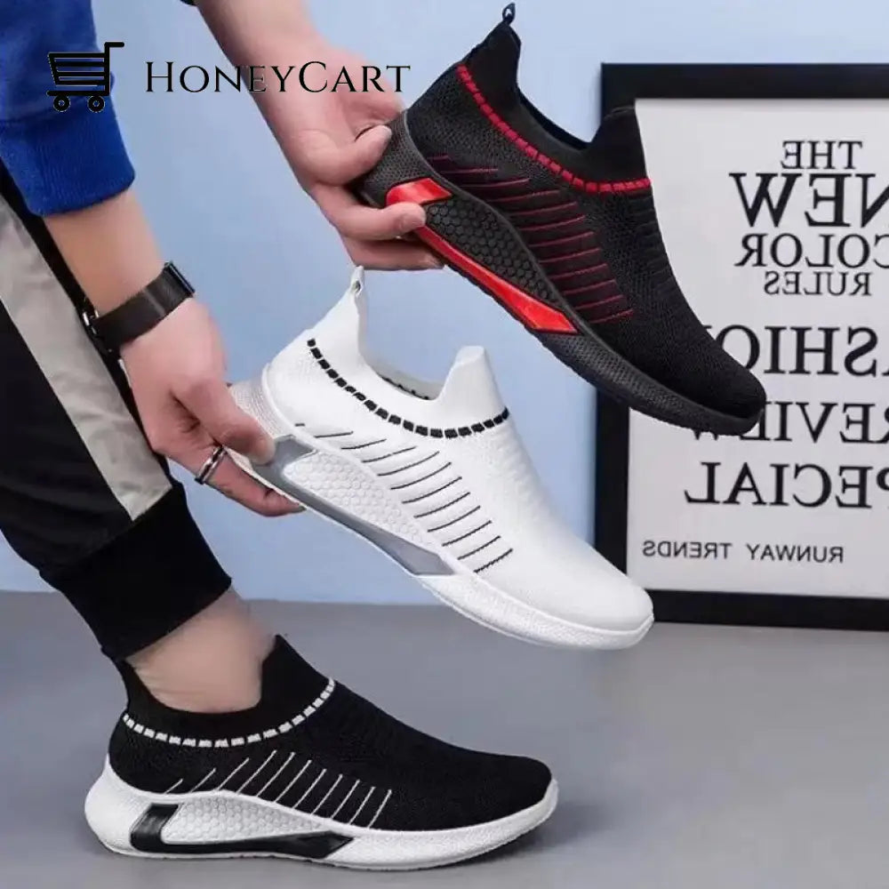 Mens Laceless Breathable Mesh Knit Sneakers Shoes Men