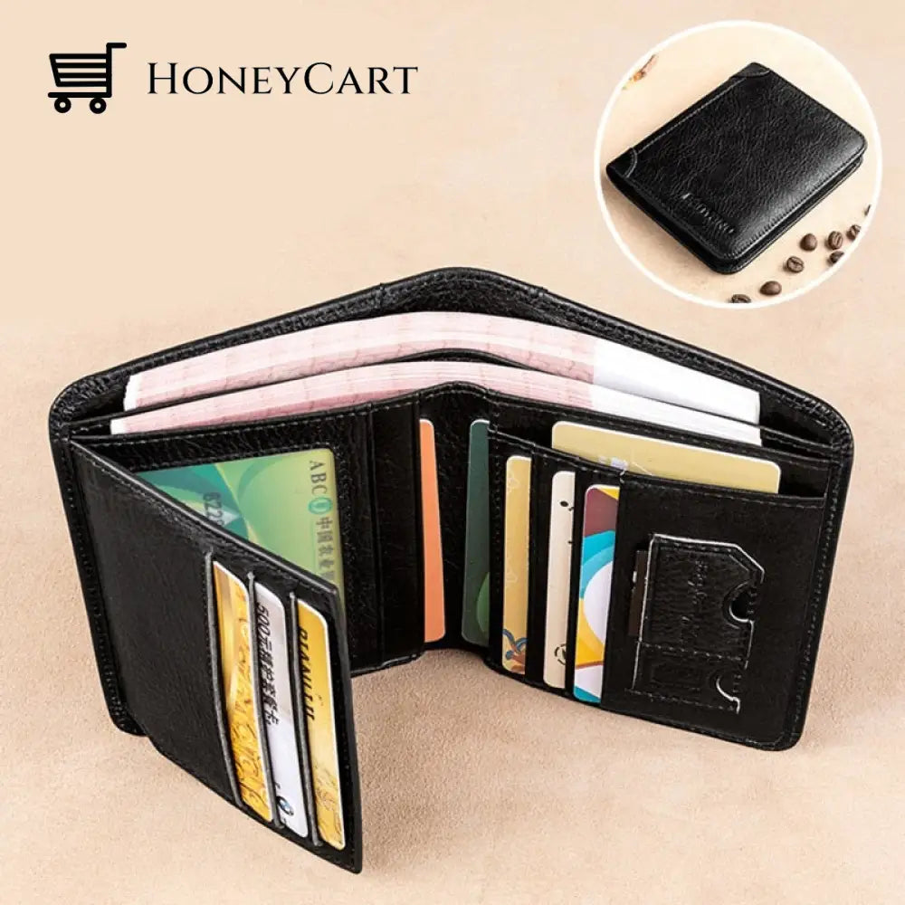 Multi-Functional Rfid Blocking Waterproof Durable Genuine Leather Wallet Black