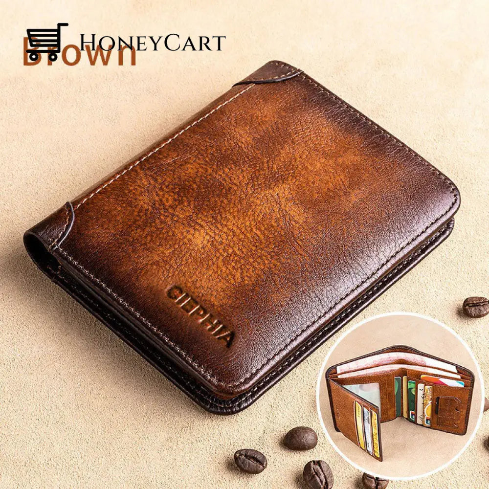 Multi-Functional Rfid Blocking Waterproof Durable Genuine Leather Wallet Brown