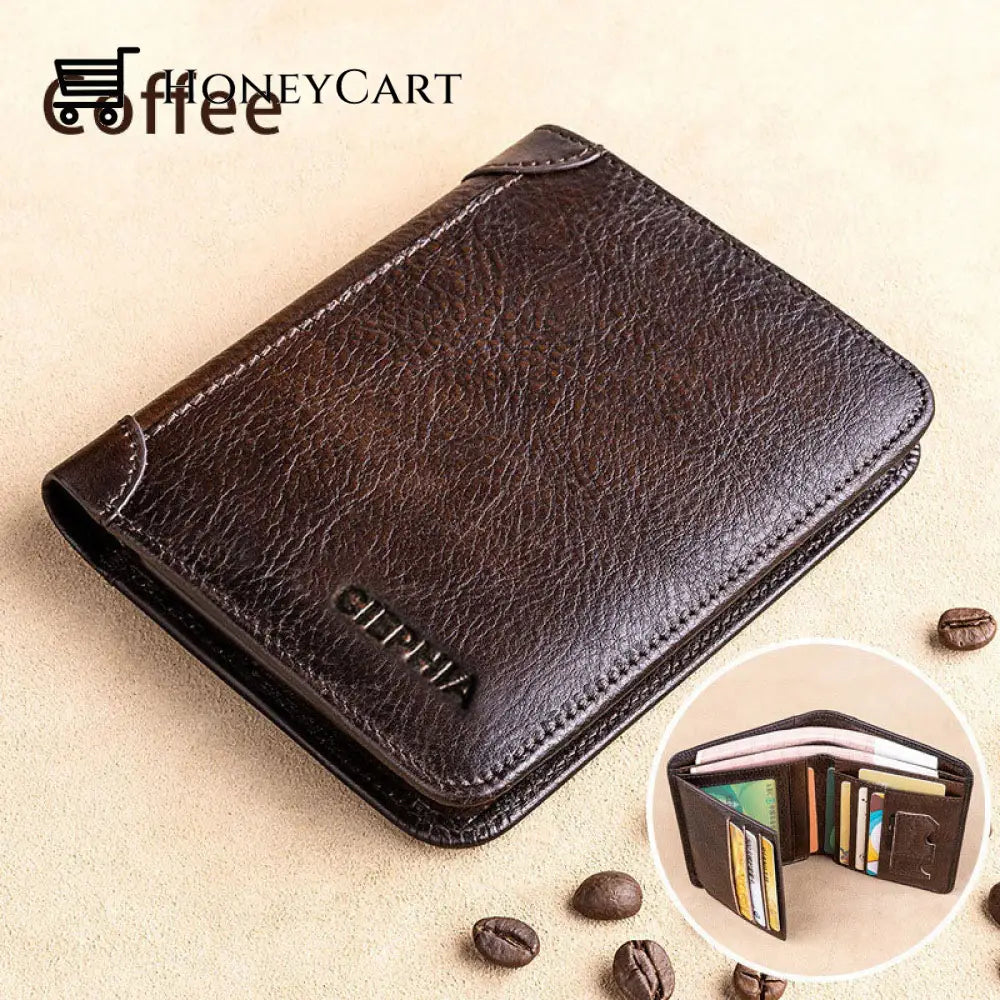 Multi-Functional Rfid Blocking Waterproof Durable Genuine Leather Wallet Coffee