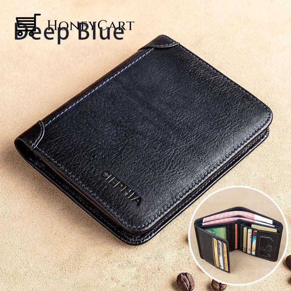 Multi-Functional Rfid Blocking Waterproof Durable Genuine Leather Wallet Deep Blue