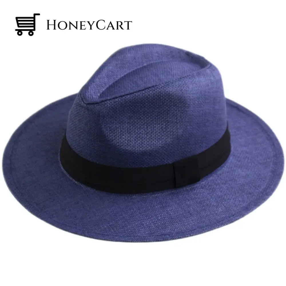 Packable Straw Fedora Panama Sun Summer Beach Hat Cuban Trilby Navy / S/M(22\-22.8\)