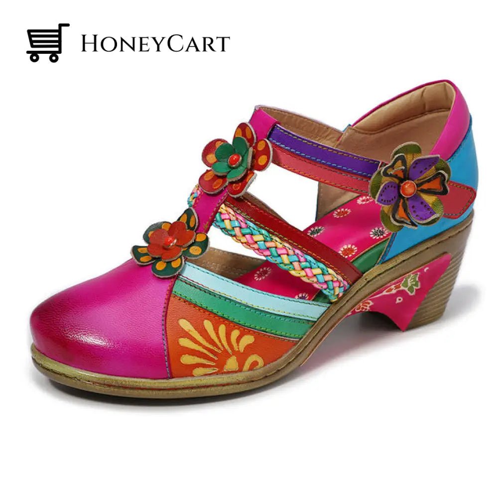 Retro Leather Flower Hollow Out Sandals Red / 5.5 Shoes