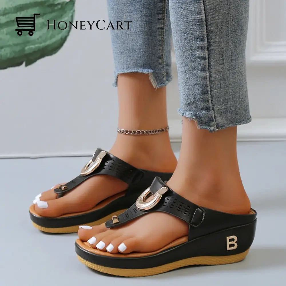 Rome Summer Women Flip Flops Wedges Thick Slippers Black / Us5 Wjj-719