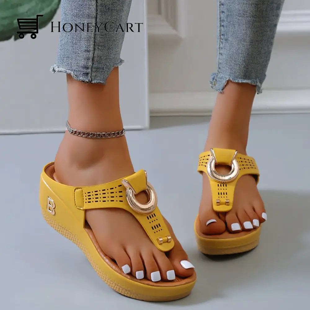 Rome Summer Women Flip Flops Wedges Thick Slippers Yellow / Us5 Wjj-719