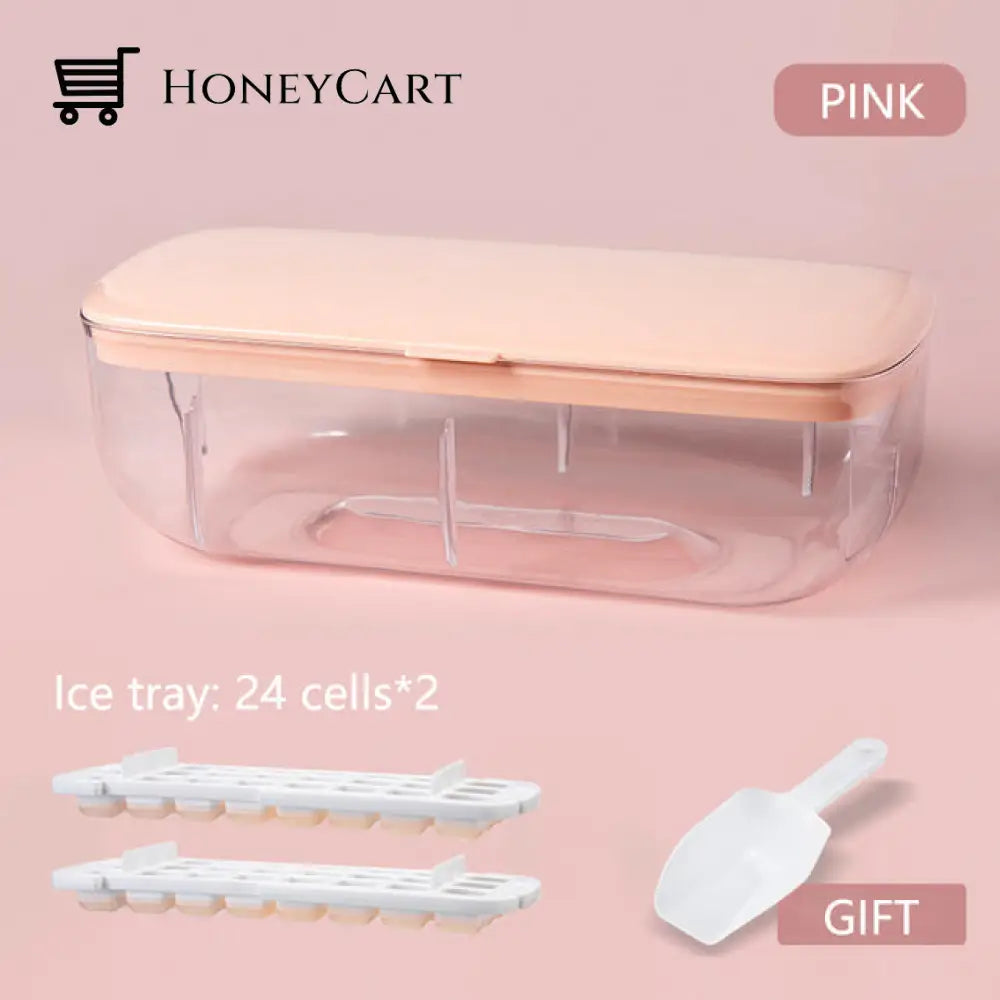 Silicone Ice Mold And Storage Box 2 In 1 Cube Tray Making Mould Box Set / Pink