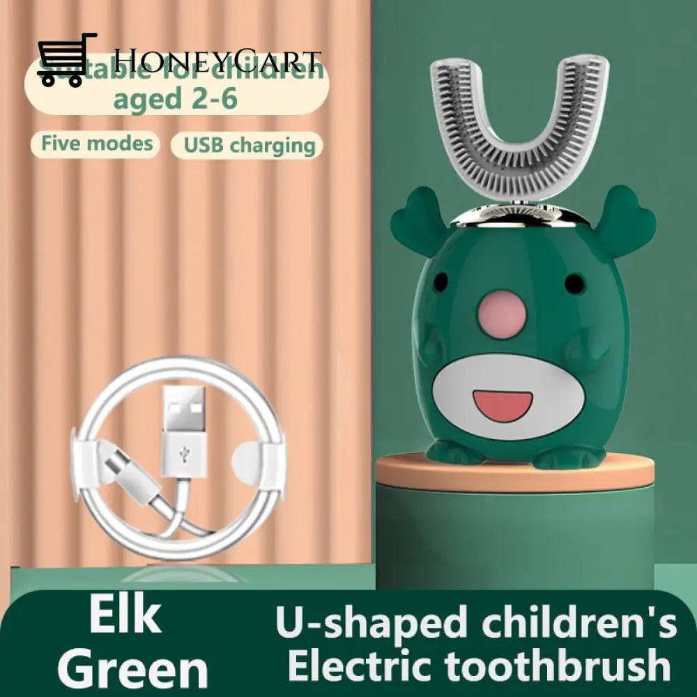Smart 360 Degree U-Shaped Childrens Electric Toothbrush 2-6 Years Old / Green Elk