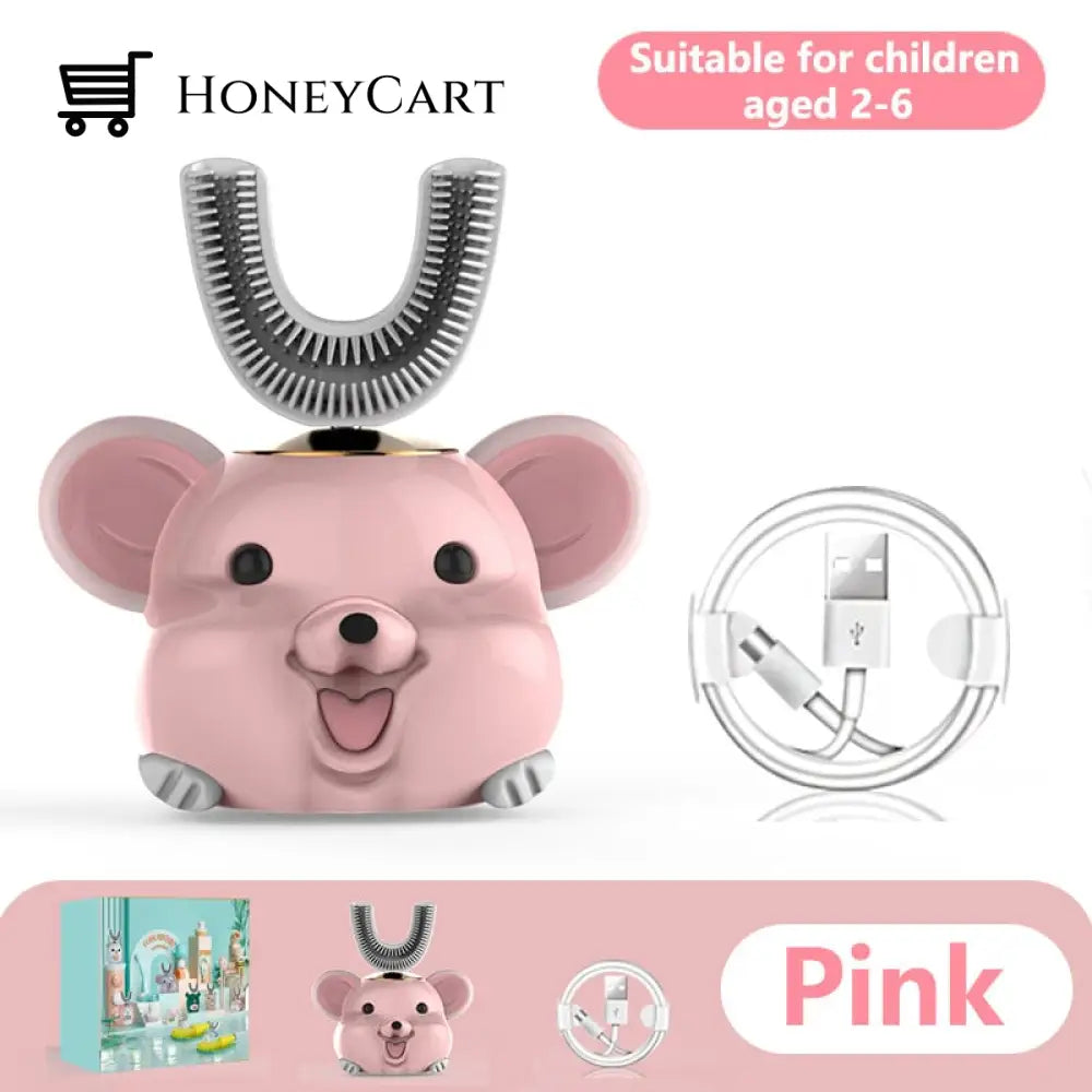 Smart 360 Degree U-Shaped Childrens Electric Toothbrush 2-6 Years Old / Happy Mouse Pink