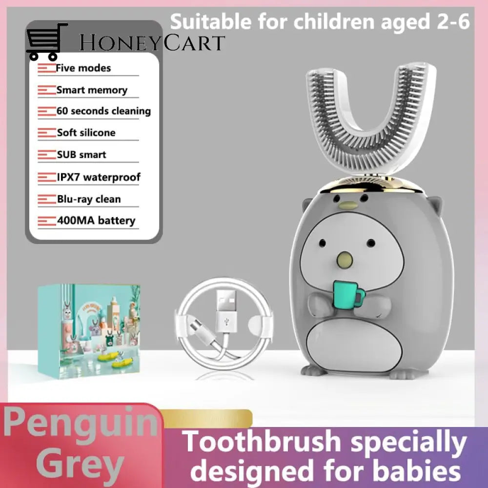 Smart 360 Degree U-Shaped Childrens Electric Toothbrush 2-6 Years Old / Penguin Gray