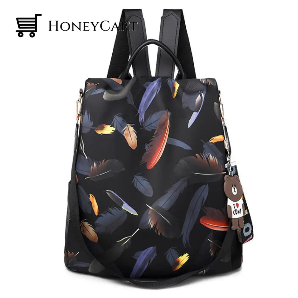 Student Waterproof Nylon Anti-Theft Backpack Bag Feather Print
