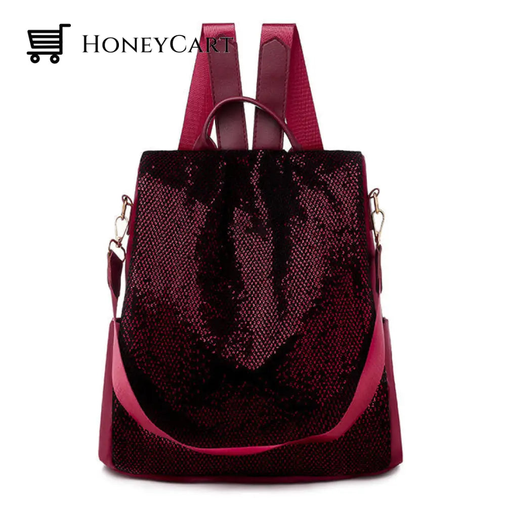 Student Waterproof Nylon Anti-Theft Backpack Bag Red Sequence