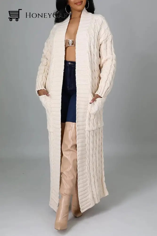 Stylish Cable Knit Dual Pocket Cardigan Apricot / S