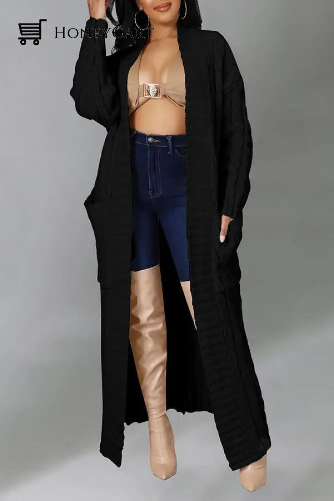 Stylish Cable Knit Dual Pocket Cardigan Black / S
