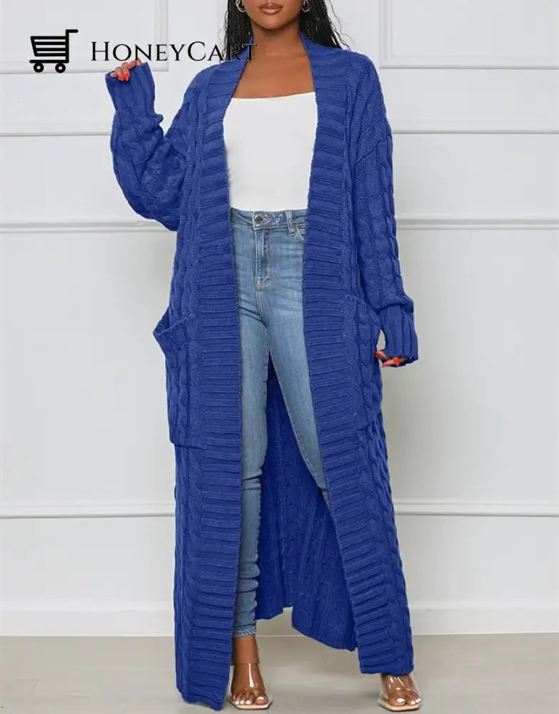 Stylish Cable Knit Dual Pocket Cardigan Blue / S