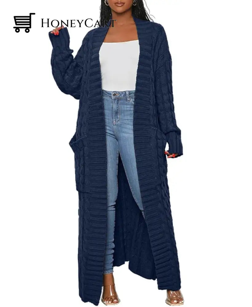Stylish Cable Knit Dual Pocket Cardigan Dark Blue / S