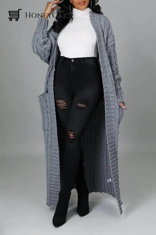 Stylish Cable Knit Dual Pocket Cardigan Grey / S
