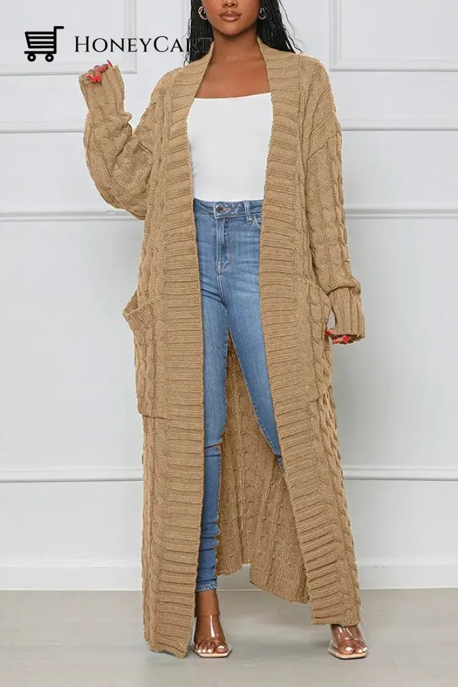 Stylish Cable Knit Dual Pocket Cardigan Khaki / S