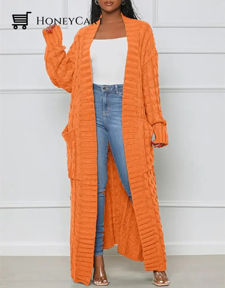 Stylish Cable Knit Dual Pocket Cardigan Orange / S