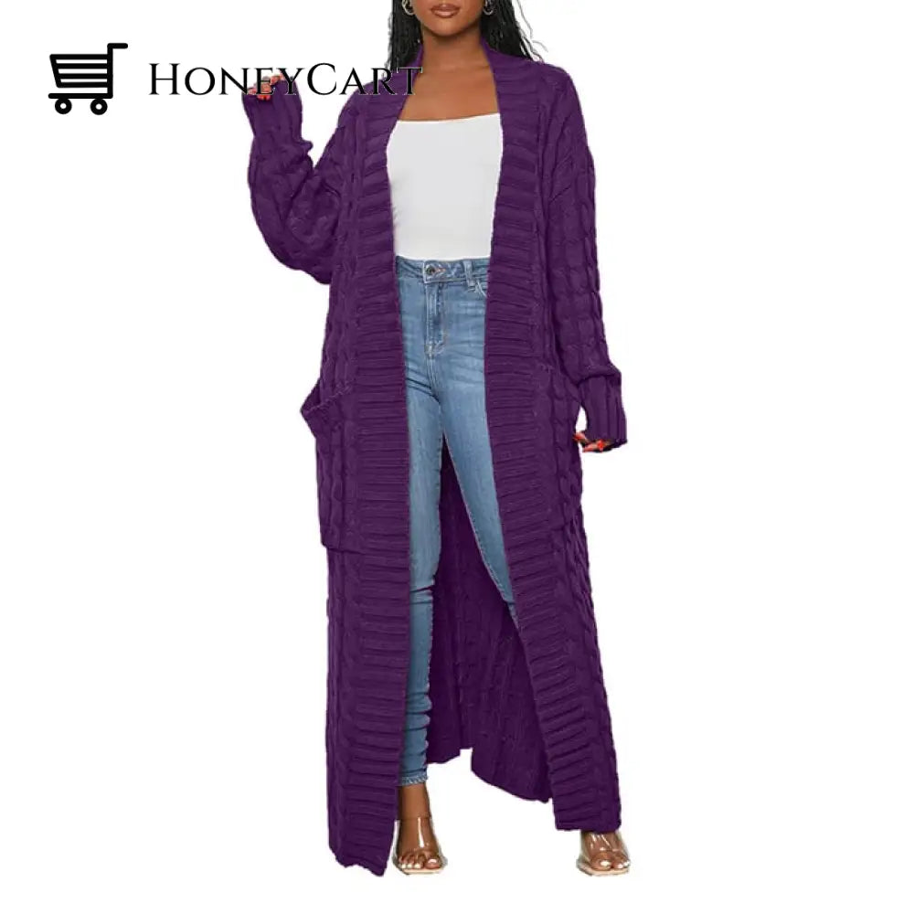 Stylish Cable Knit Dual Pocket Cardigan Purple / S