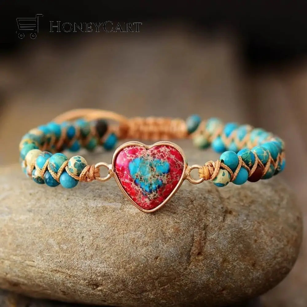 To My Granddaughter Love You Forever Jasper Heart Bracelet Blue Red Heart