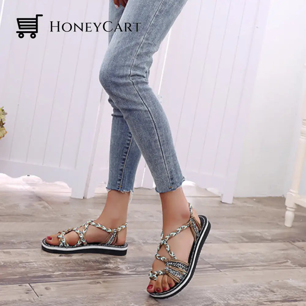 Tropical Mixed Color Matching Rope Knot Thong Sandals For Women