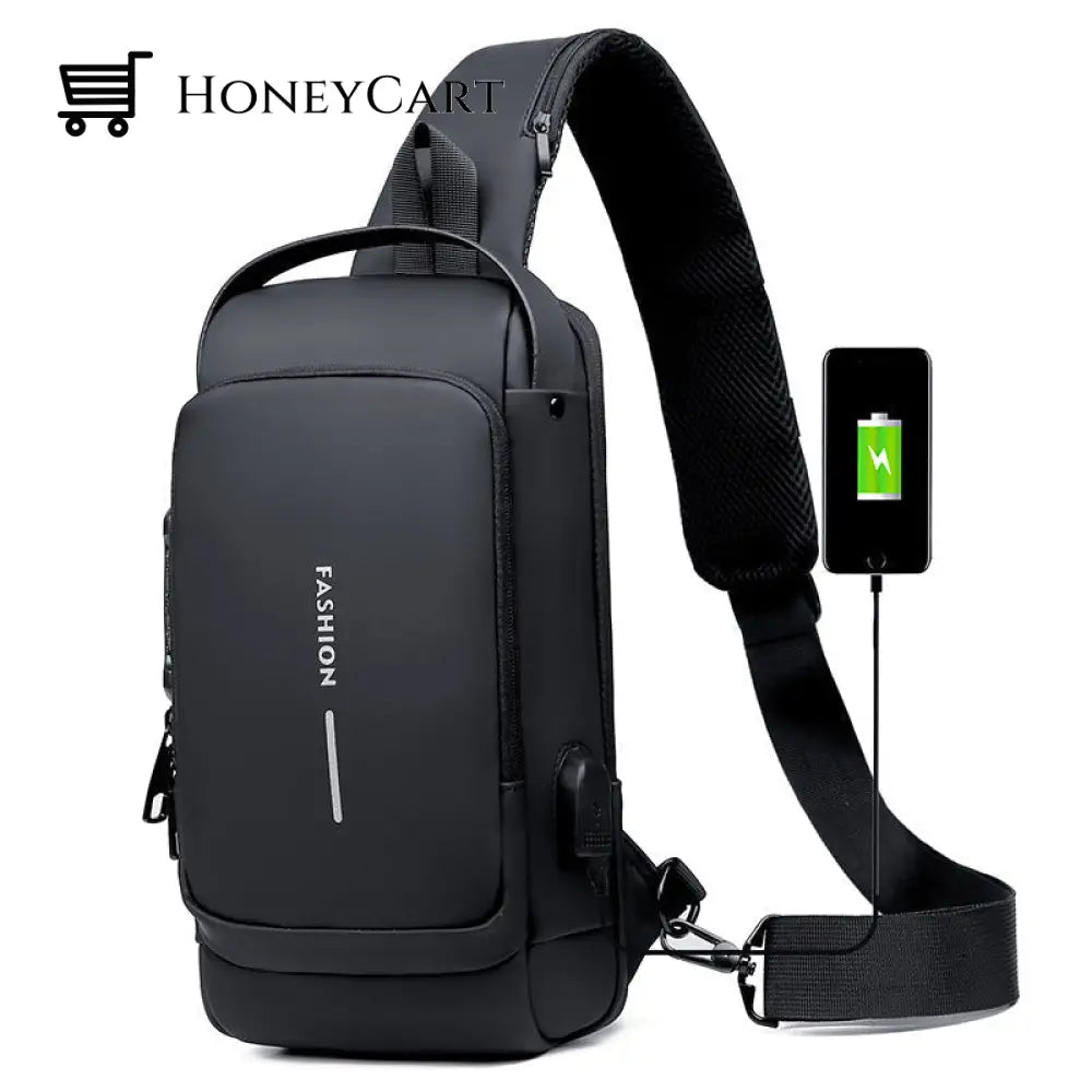 Usb Charging Sport Sling Anti-Theft Shoulder Bag Black
