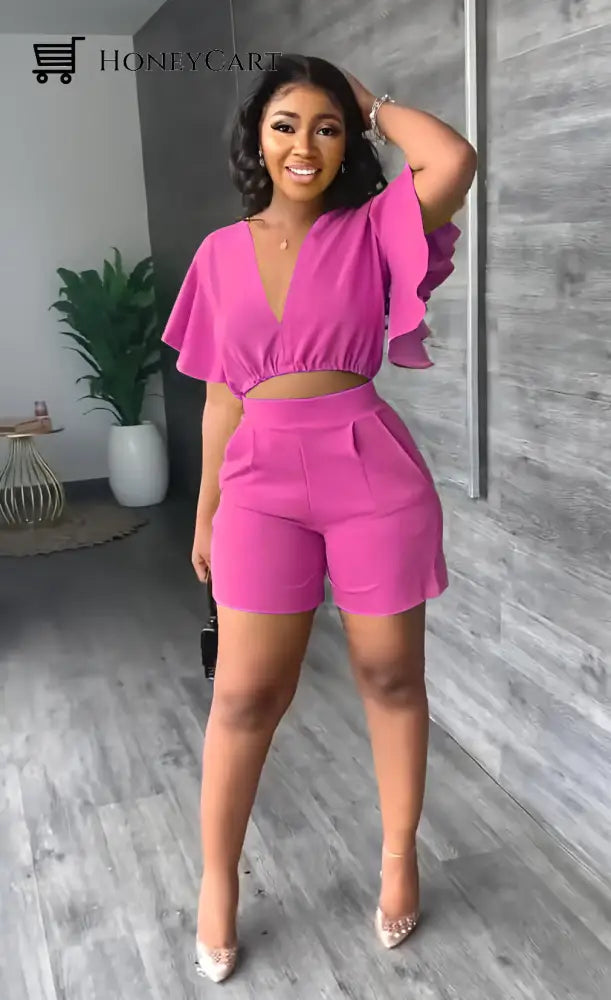 V Neck Ruffled Casual Two Piece Shorts Set Rose Red / S Tool