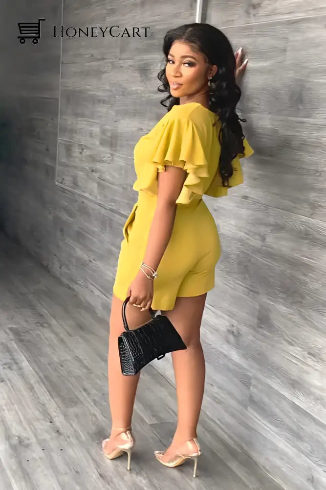 V Neck Ruffled Casual Two Piece Shorts Set Tool