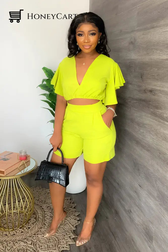 V Neck Ruffled Casual Two Piece Shorts Set Tool