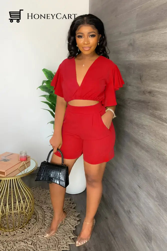 V Neck Ruffled Casual Two Piece Shorts Set Tool