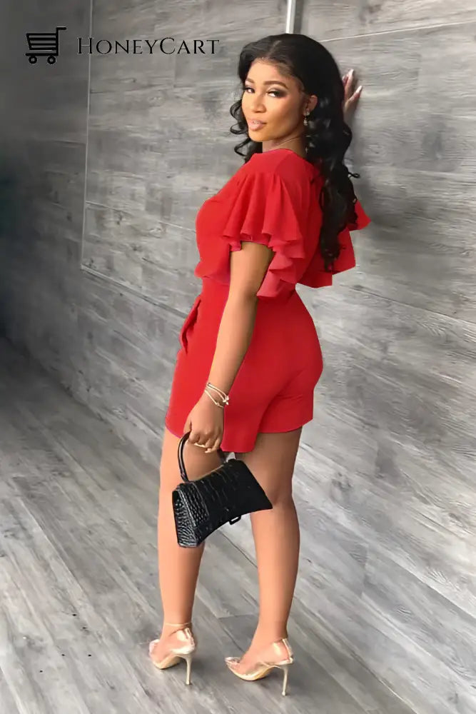 V Neck Ruffled Casual Two Piece Shorts Set Tool