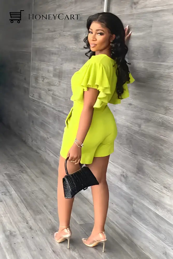 V Neck Ruffled Casual Two Piece Shorts Set Tool