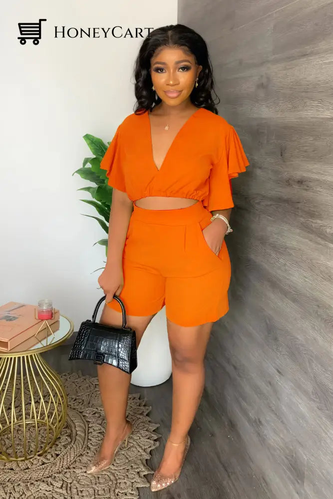 V Neck Ruffled Casual Two Piece Shorts Set Tool