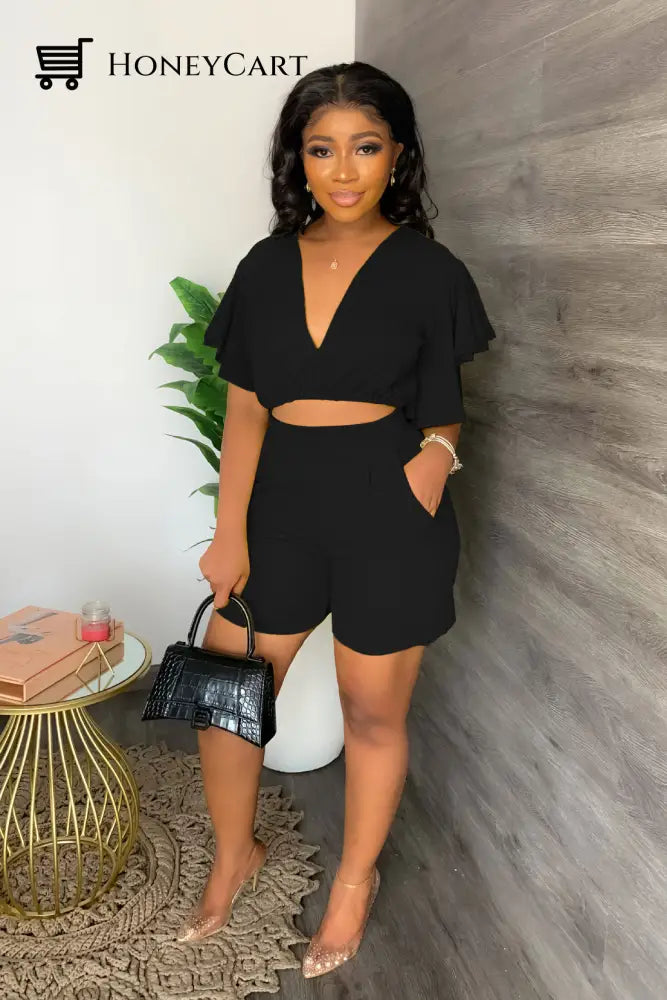 V Neck Ruffled Casual Two Piece Shorts Set Tool