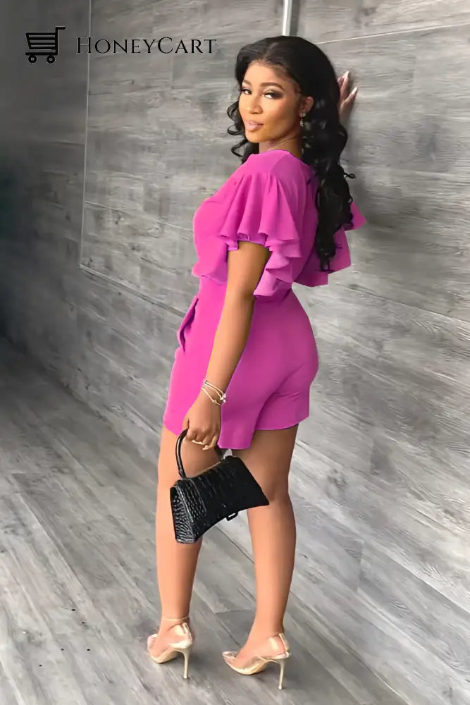 V Neck Ruffled Casual Two Piece Shorts Set Tool