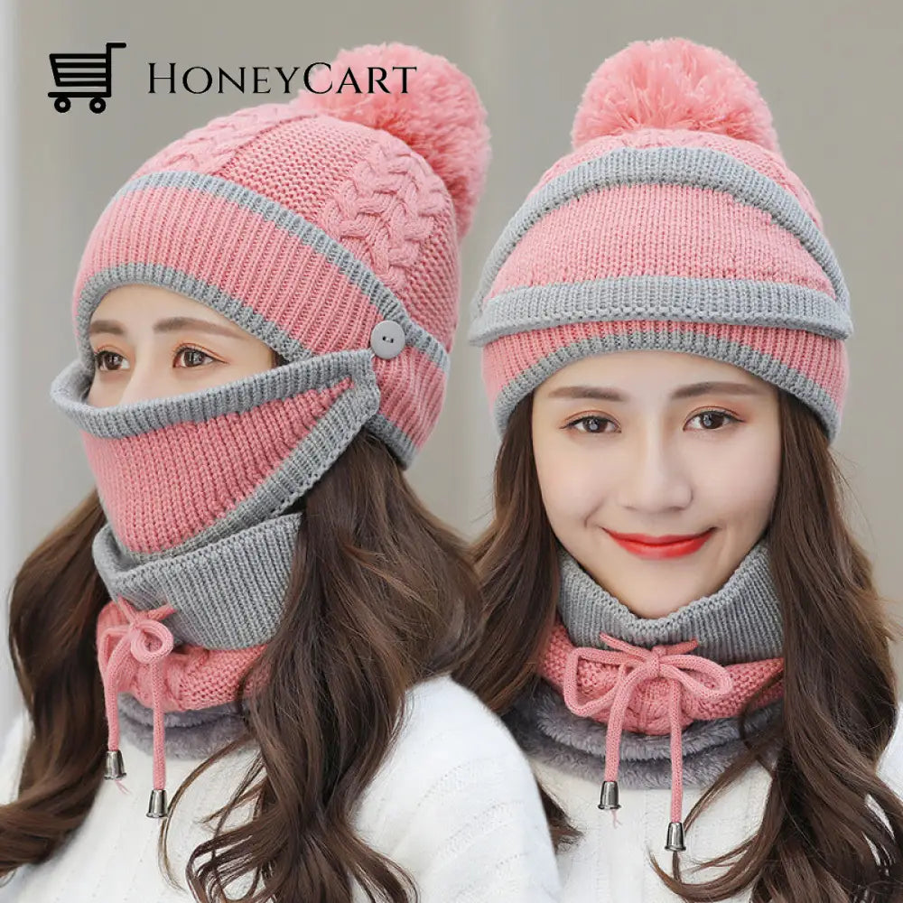 Women 3 In 1 Warm Soft Knitted Outdoor Hats Pink