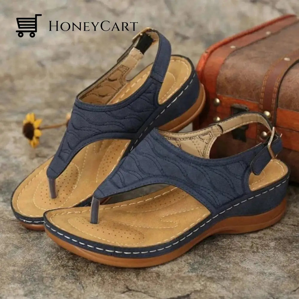 Women Buckle Wedge Embroidered Platform Fashion Sandals Azul / 5.5 Orthopedic