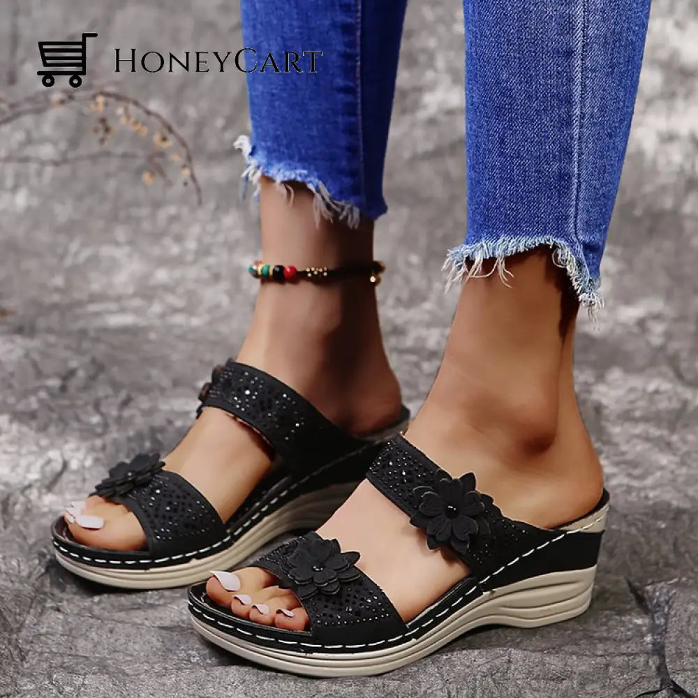 Women Casual Shoes Vintage Flower Fish Mouth Sandals Black / 5 Wjj-0718