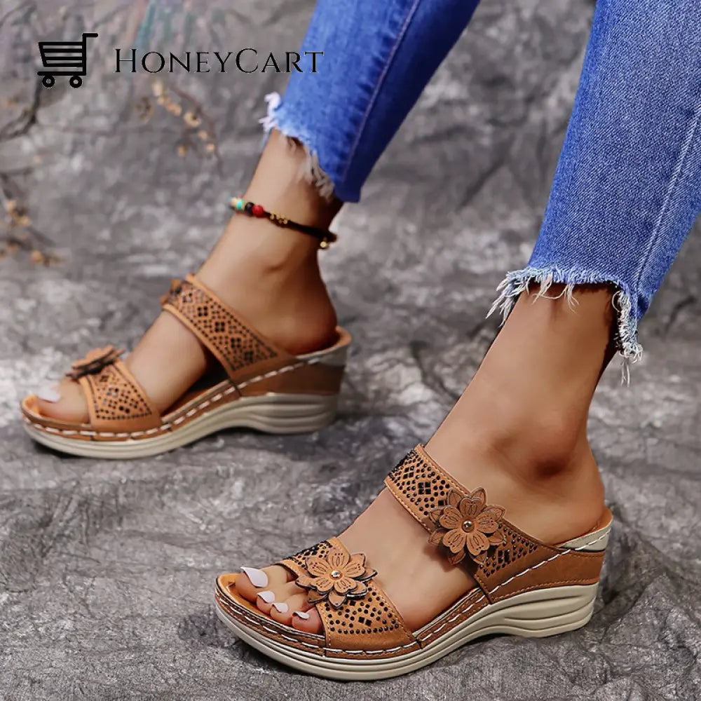 Women Casual Shoes Vintage Flower Fish Mouth Sandals Brown / 5 Wjj-0718