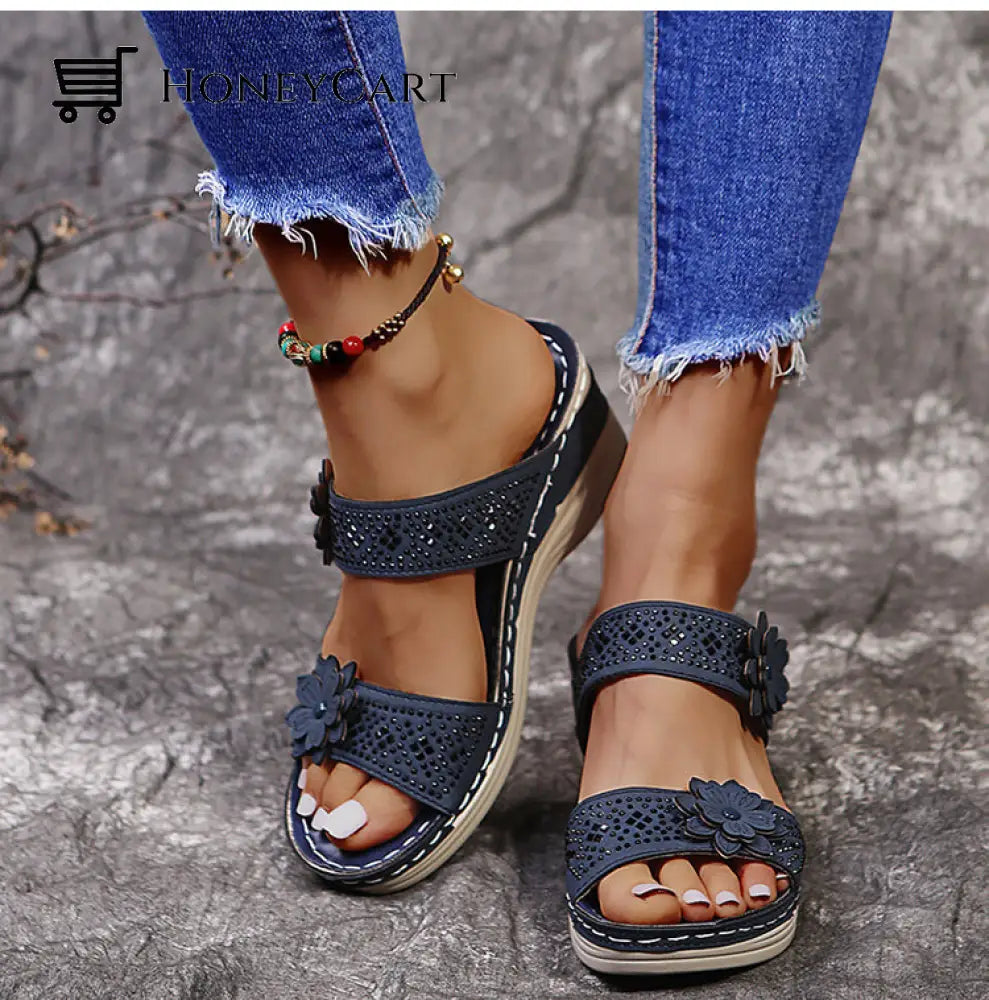 Women Casual Shoes Vintage Flower Fish Mouth Sandals Dark Blue / 5 Wjj-0718