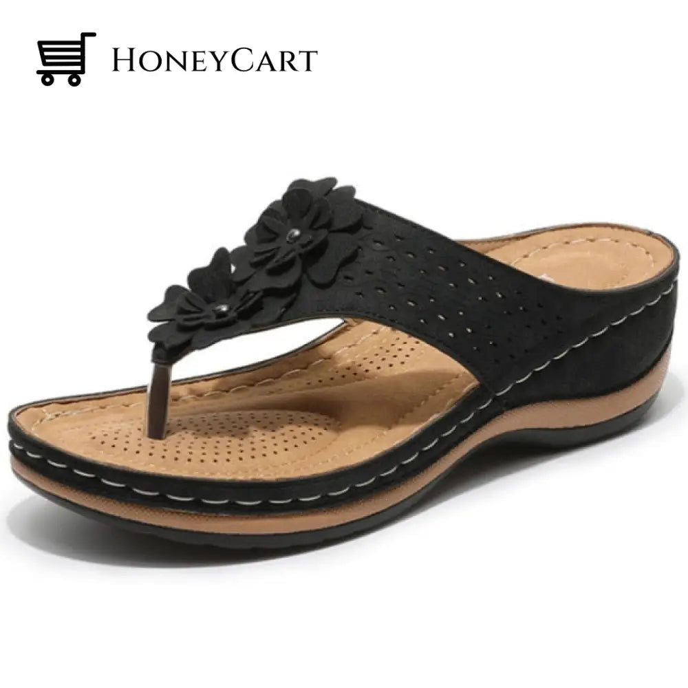 Women Fashionable Flower Style Wedge Sandals Black / 5 Woman Bunion