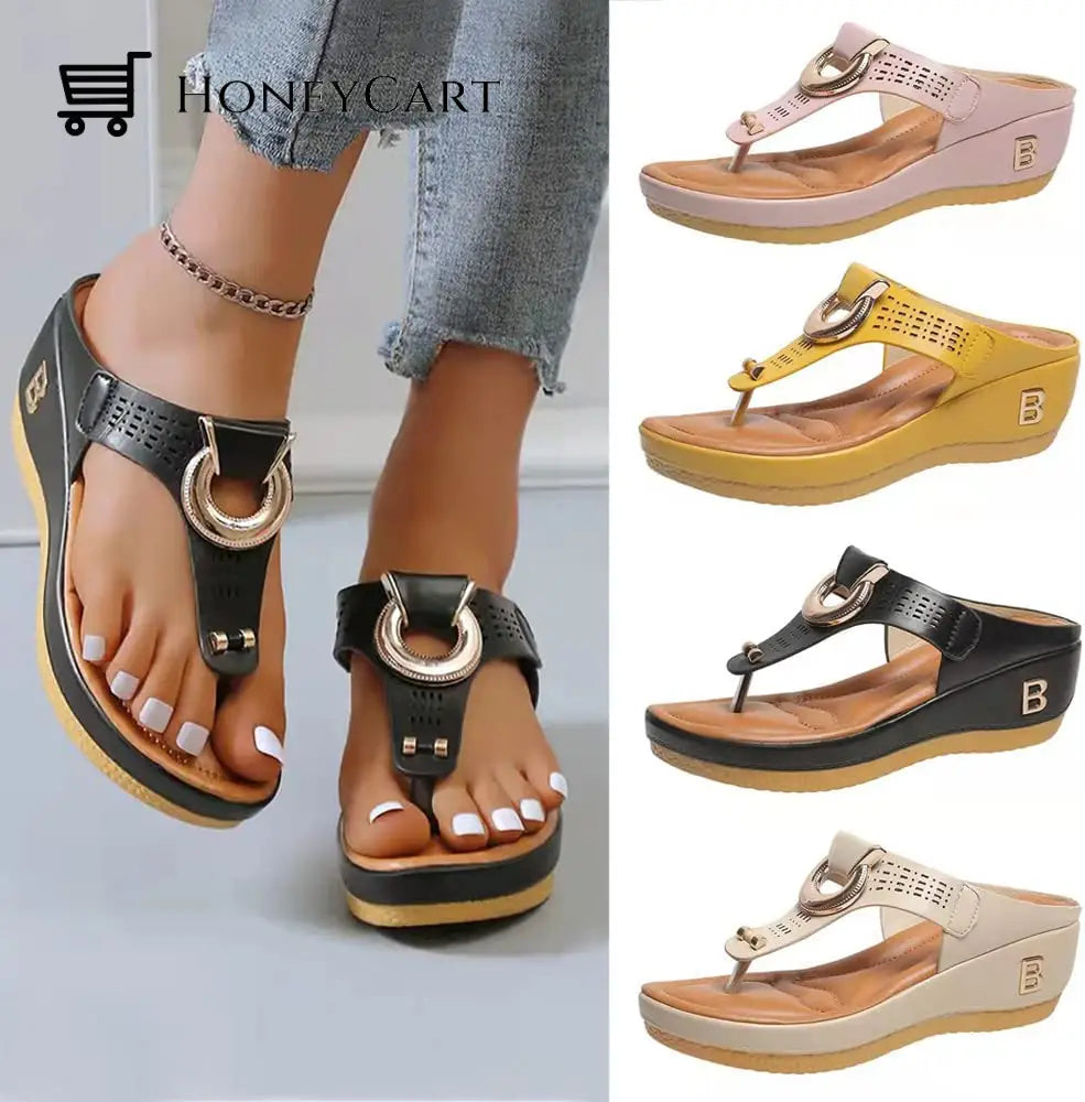 Women Sandals Wedge Thong With Orthopedic Arch Support 6 / Black Myx-Shoes