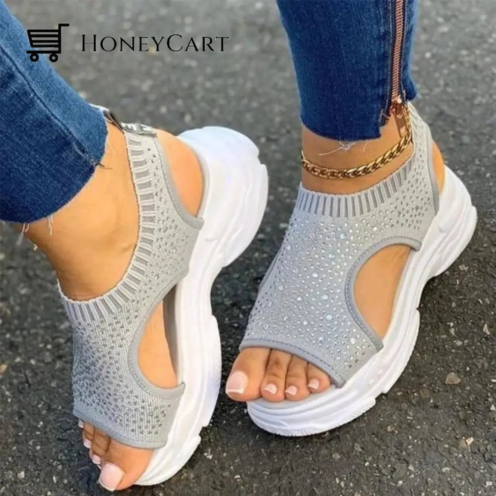 Women Slip On Stretch Fabric Platform Beaded Sandals Gray / 5 Wedge Platform Sandals